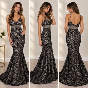 Sequin Hearts Size 5 Black White Lace Rhinestone Beaded Formal Maxi Dress